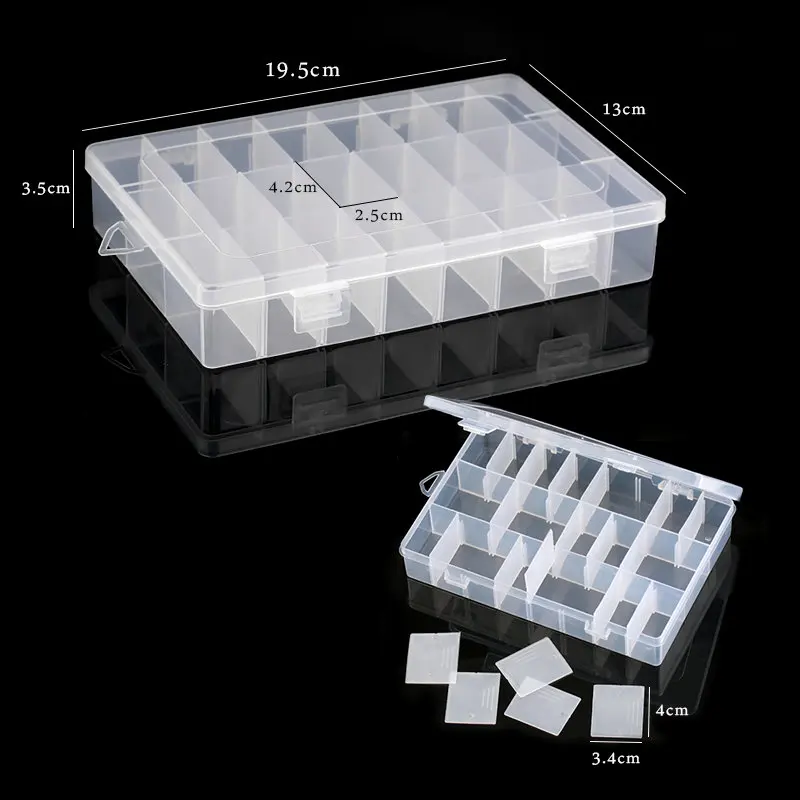 19.5x13x3.5CM rectangle Adjustable Jewelry Container Box Case Compartment Plastic Storage Box  for Beads earrings 24 slots 1PCS